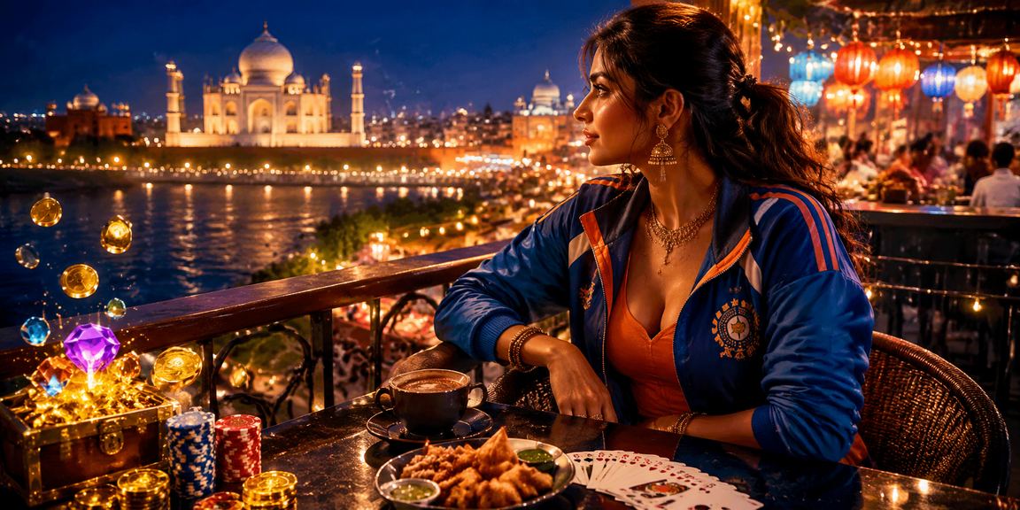 View of Taj Mahal with cricket betting theme at night market