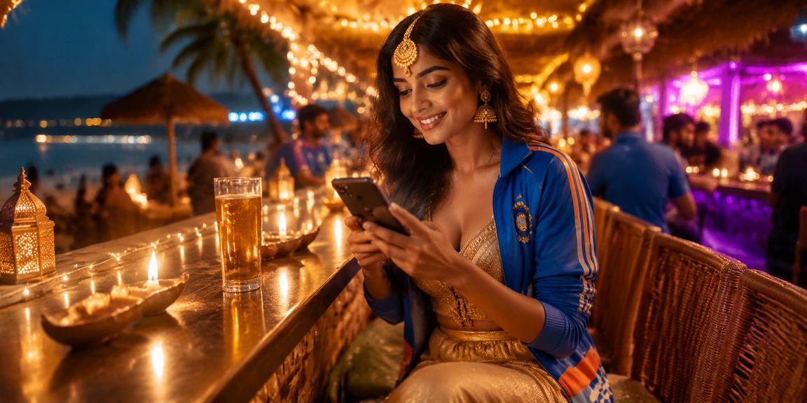Online cricket betting user celebrating during Diwali festival in Goa
